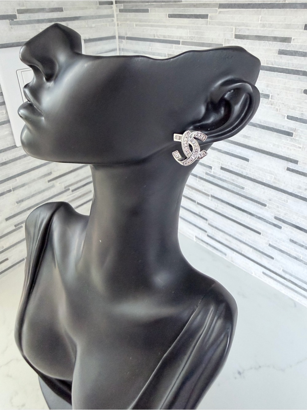 Chanel Crystal Interlocking Logo Stud Earrings - Silver